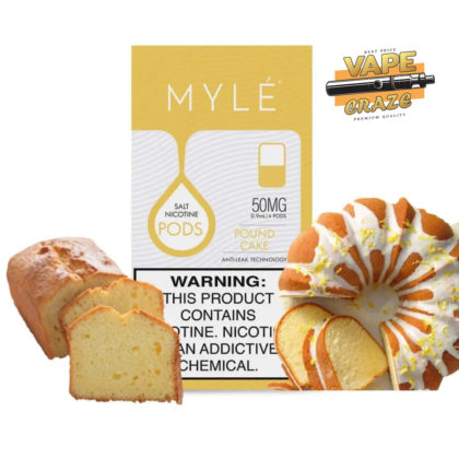 MYLE Pod V4 Pound Cake: A rich and buttery pound cake flavor in a convenient vape pod